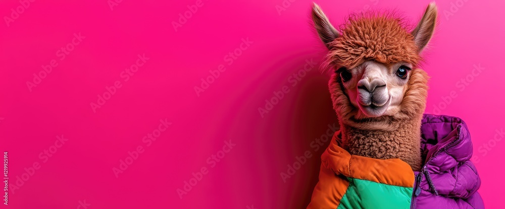 Alpaca in colorful jacket on pink. Winter fashion, pet Alpaca in colorful jacket on pink. Winter fashion, pet