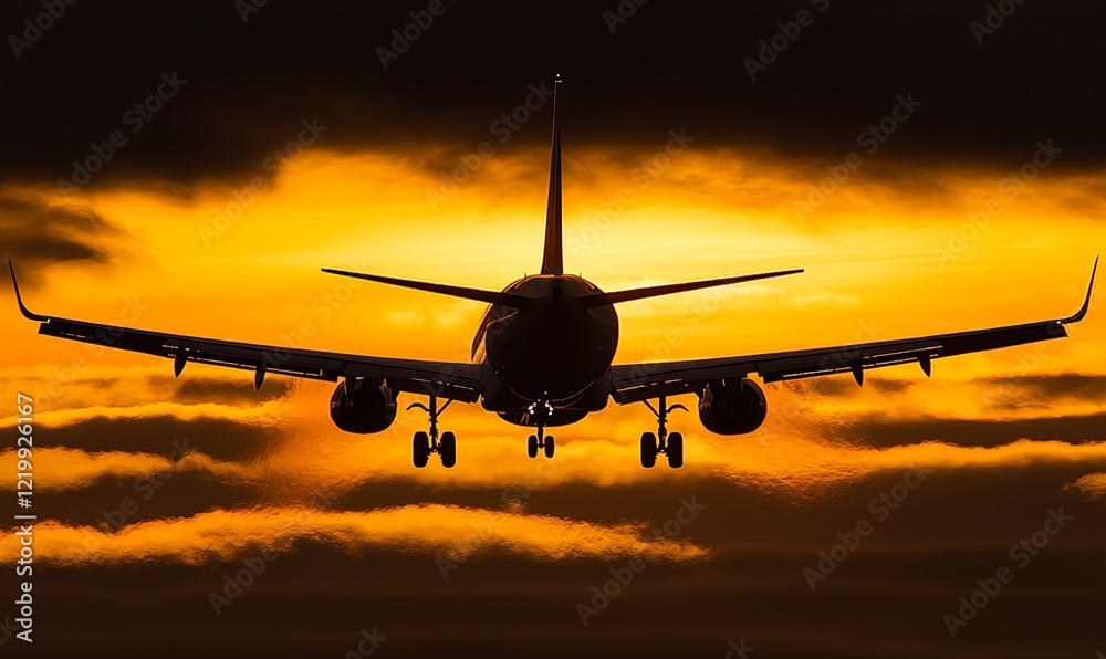Airplane landing at sunset with dramatic sky Airplane landing at sunset with dramatic sky
