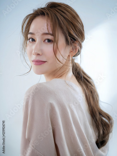 自然で柔らかい茶色の長い髪を持つ日本人女性のクローズアップショット