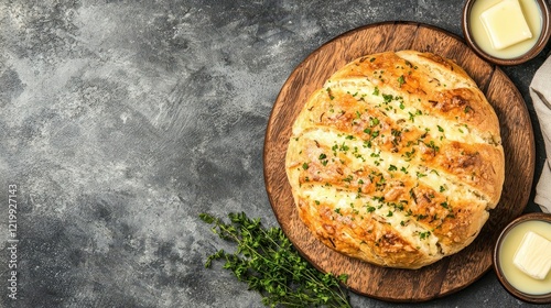 Freshly baked cheesy onion pullapart bread, golden and soft, served on a wooden board with melted butter photo