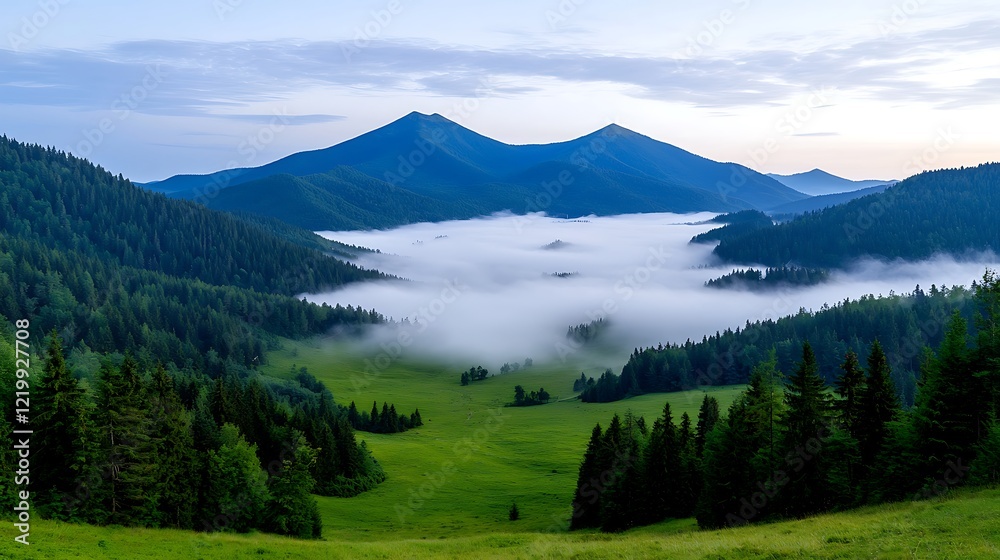 Fototapeta premium Misty Mountain Valley at Sunrise A Serene Landscape