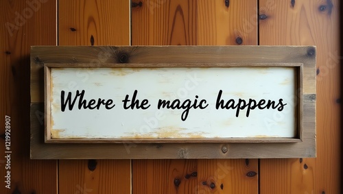 where the magic happens is displayed in minimalist lettering on a distressed vintage wood signboard