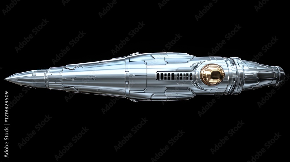 Futuristic silver spaceship with a pointed nose and a gold detail. Futuristic silver spaceship with a pointed nose and a gold detail.