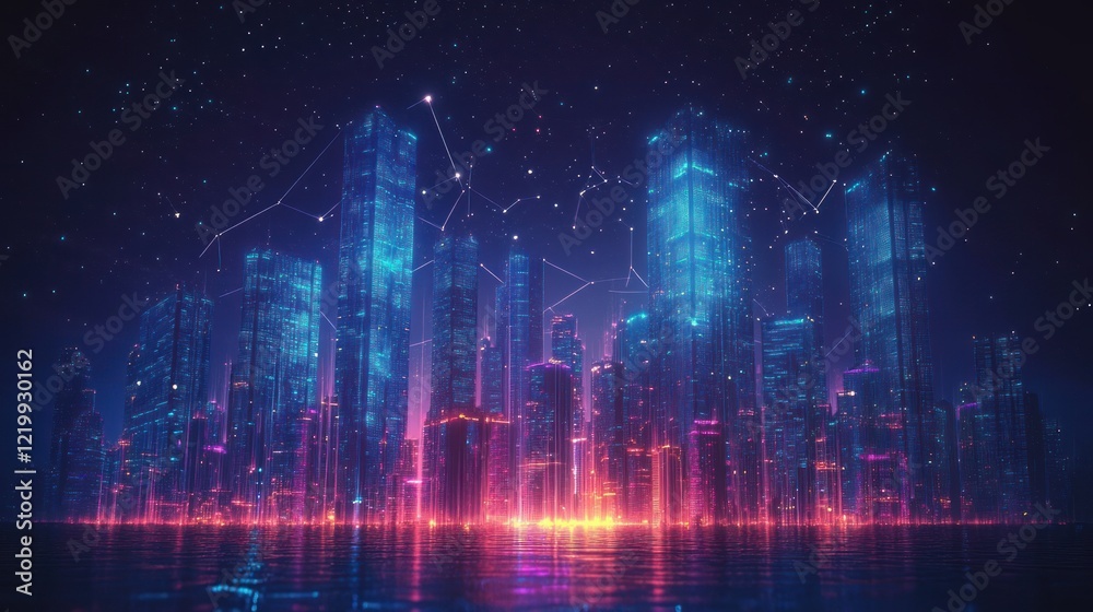 Naklejka premium Futuristic Smart City Skyline with Neon Technology and Dynamic Architecture