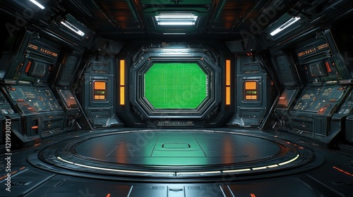 Fototapeta Naklejka Na Ścianę i Meble -  Futuristic spaceship interior with a green screen door.