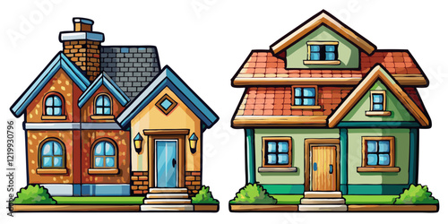 Two different houses isolated black outline vector illustration, transparent background