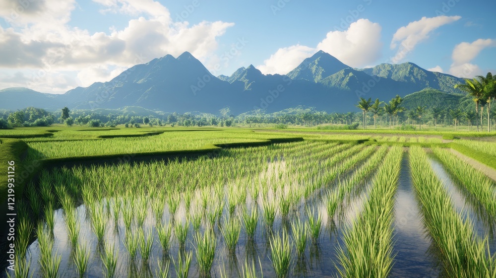 Rice paddy with mountains in background. Featuring a rice paddy with mountains in the background. Highlighting scenic and agricultural landscape. Ideal for nature and farming visuals. Rice paddy with mountains in background. Featuring a rice paddy with mountains in the background. Highlighting scenic and agricultural landscape. Ideal for nature and farming visuals.