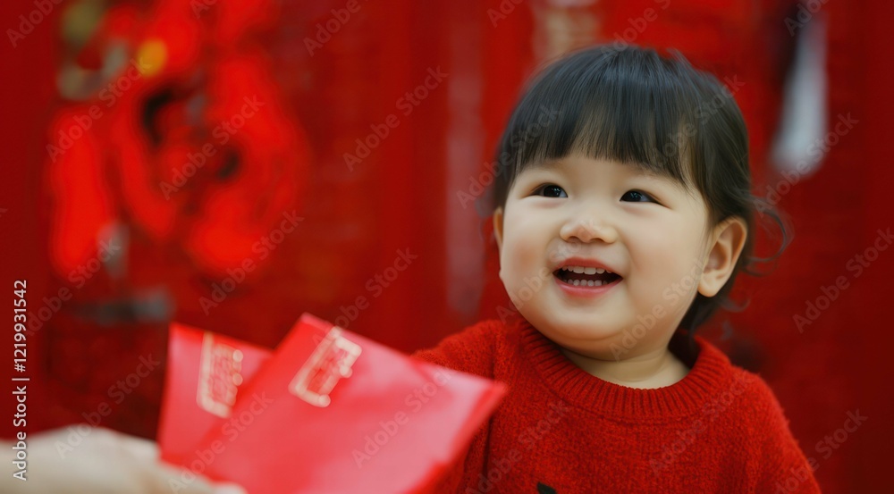 A joyful child receiving red envelopes during a festive celebration. A joyful child receiving red envelopes during a festive celebration.