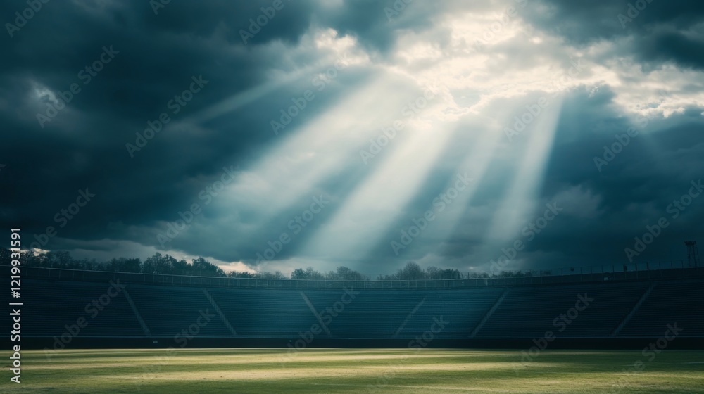 Empty football stadium under dramatic sky, showcasing solitude and anticipation in sports, symbolizing moments of pause before the roar of the crowd returns.