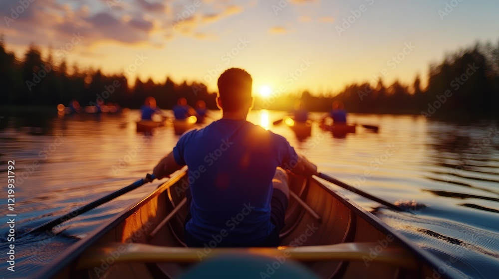 Canoeing sunset teamwork lake group adventure Canoeing sunset teamwork lake group adventure