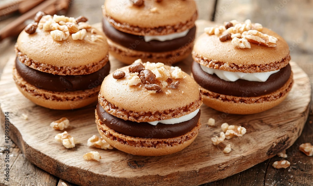 Coffee macarons with chocolate ganache, nuts, cinnamon on wooden board Coffee macarons with chocolate ganache, nuts, cinnamon on wooden board