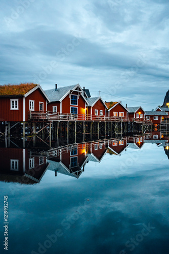 Fotografie The charming red cabins beautifully reflecting on the serene water during twilig