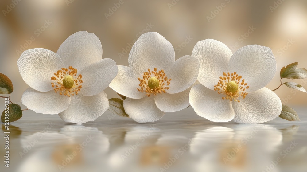 Fototapeta premium Three delicate white flowers with yellow centers and green leaves, reflected in a shiny surface against a soft, blurry gold background.