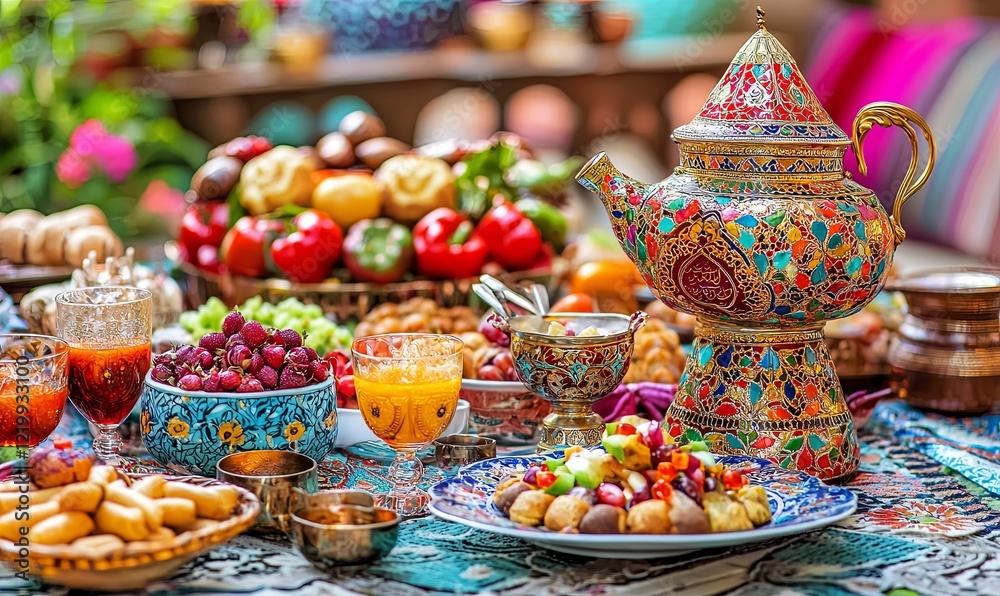 Fototapeta premium Colorful tea party setup with fruits, pastries, & ornate teapot in a vibrant outdoor setting