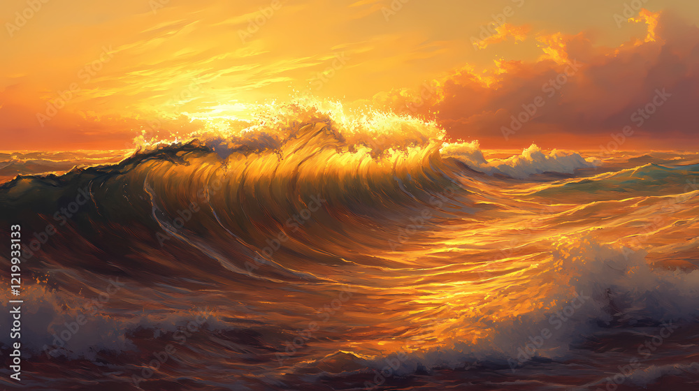 A stunning wave illuminated by the golden glow of dawn, its crest curling gracefully as it approaches the shore. Diamond Shore. Illustration A stunning wave illuminated by the golden glow of dawn, its crest curling gracefully as it approaches the shore. Diamond Shore. Illustration