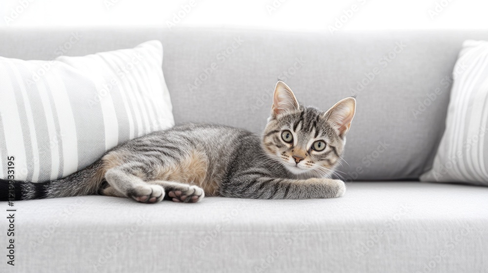 Beautiful little cat on a grey sofa Beautiful little cat on a grey sofa