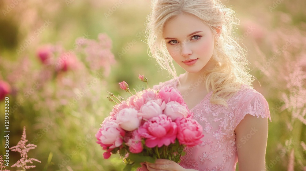 Fototapeta premium Beautiful blonde girl in a pink dress has got a bouquet