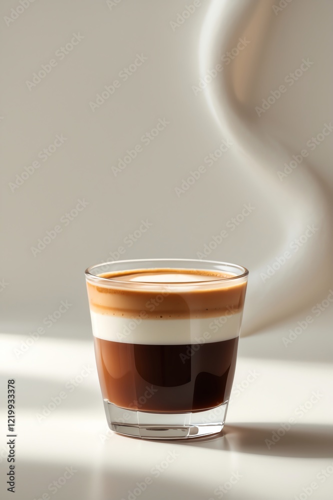 A layered coffee drink in a clear glass, showcasing rich colors and textures. A layered coffee drink in a clear glass, showcasing rich colors and textures.