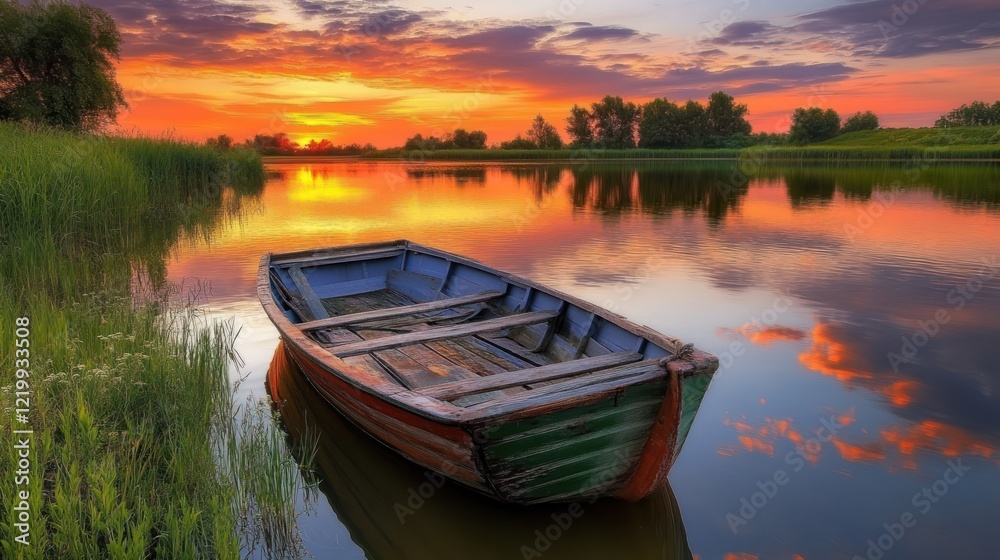 Sunset Serenity: A Rowboat at Peace on a Tranquil Lake Sunset Serenity: A Rowboat at Peace on a Tranquil Lake