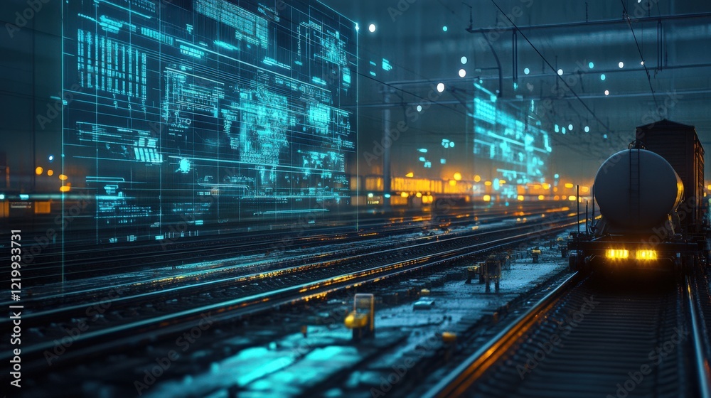 Obraz premium A train is shown on a track with a computer screen in the background