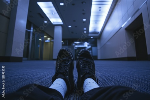 Low angle view of feet in black sneakers resting on floor in modern building hallway. photo