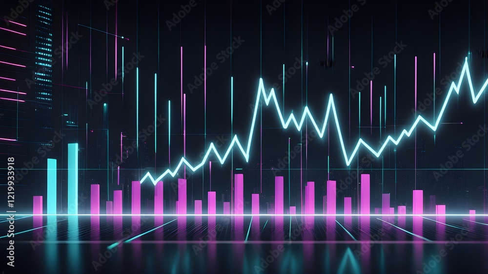 Fototapeta premium Neon-lit cityscape backdrop showcasing dynamic 3D bar and line graphs illustrating upward financial growth trends.
