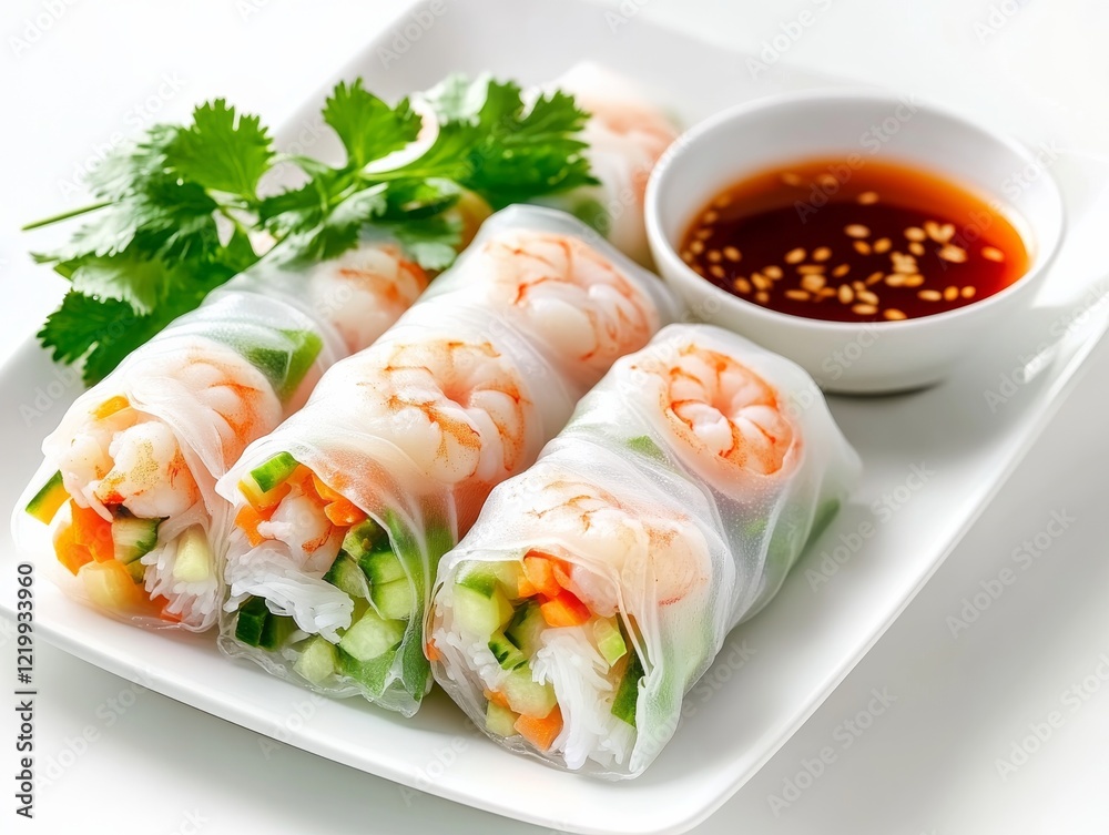 Rice paper rolls with dipping sauce. Featuring fresh rice paper rolls. Highlighting the light and healthy nature of the dish. Ideal for culinary and health food visuals. Rice paper rolls with dipping sauce. Featuring fresh rice paper rolls. Highlighting the light and healthy nature of the dish. Ideal for culinary and health food visuals.