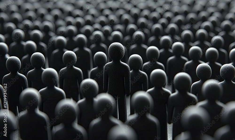 Dark figures in a large crowd, one stands out, symbolizing individuality, leadership, and difference Dark figures in a large crowd, one stands out, symbolizing individuality, leadership, and difference