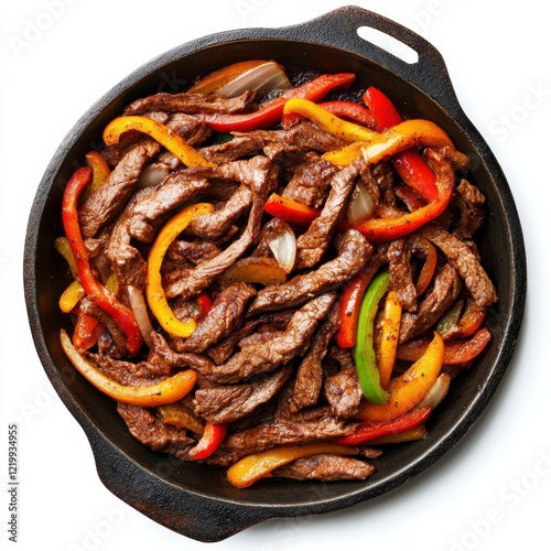 A sizzling beef fajita skillet with bell peppers and onions, isolated white background, retro art style