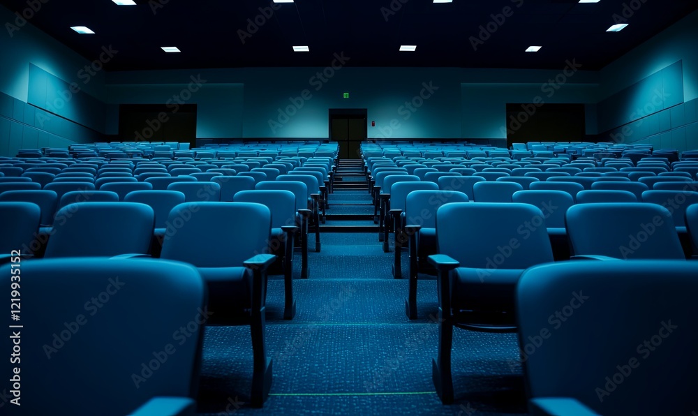 Naklejka premium Empty auditorium seating, dim lighting, center aisle, presentation/lecture hall