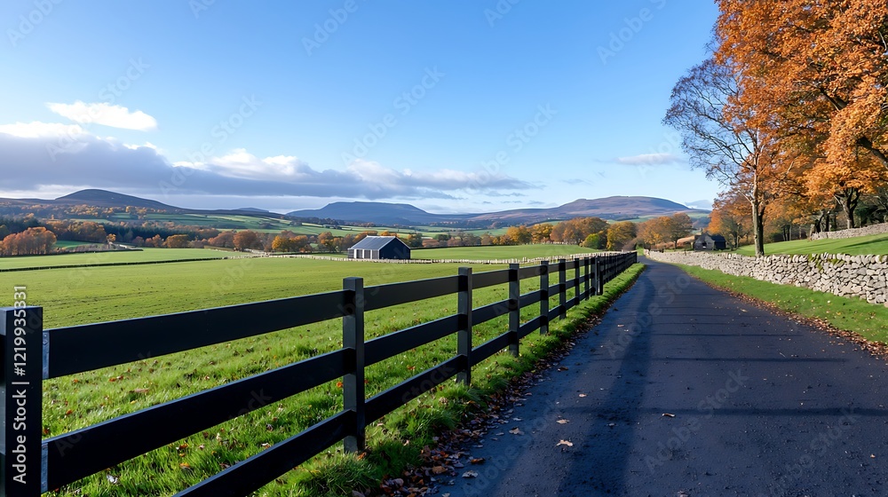 Serene Autumnal Country Road Leading Through Rolling Farmland Serene Autumnal Country Road Leading Through Rolling Farmland