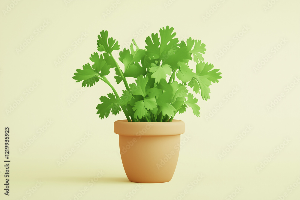 Cilantro in gardening pot, Selective focus green leaf plant in pottery, 3d rendering parsley leaf on pastel background. Cilantro in gardening pot, Selective focus green leaf plant in pottery, 3d rendering parsley leaf on pastel background.