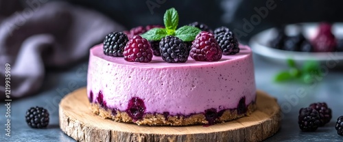 Delicious berry cheesecake on wooden board.  Dark background. Food photography photo