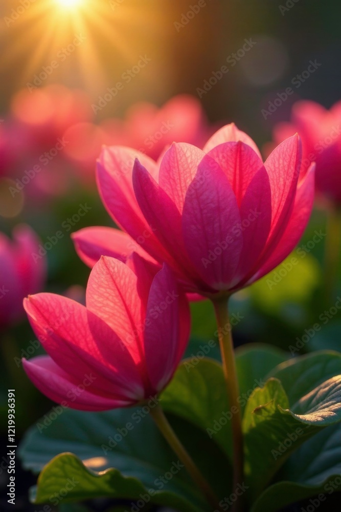 Cyclamen petals spread wide to catch the warm sunlight, leaf, petal, ray Cyclamen petals spread wide to catch the warm sunlight, leaf, petal, ray