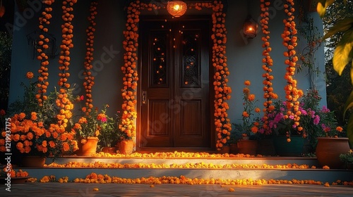 Festively Decorated Front Porch with Marigold Garlands and Diyas for Diwali Celebration photo