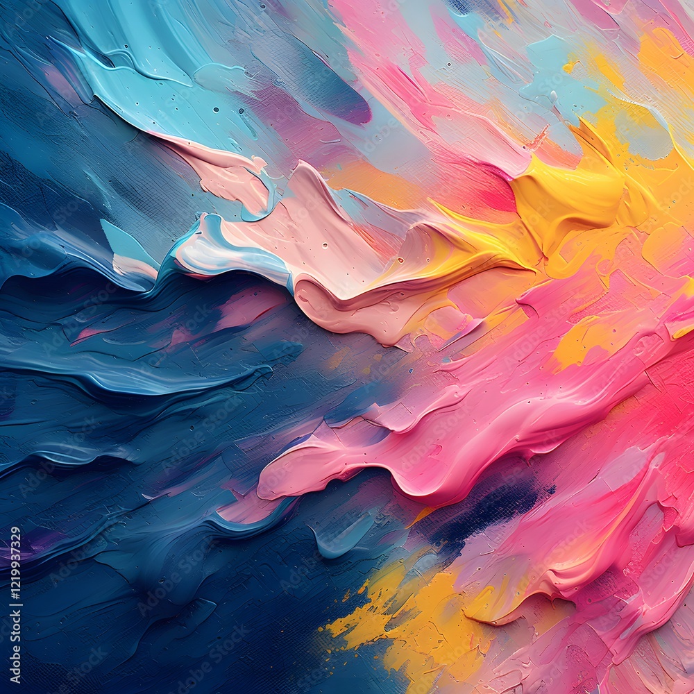 Fototapeta premium Abstract Impasto Painting in Pink, Blue, and Yellow