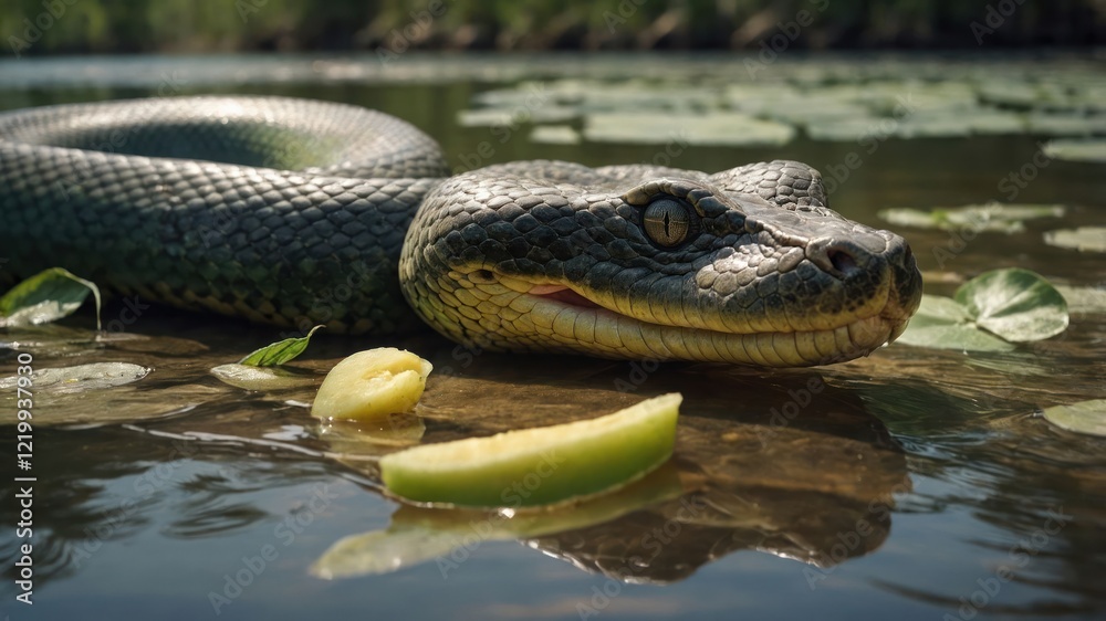 A close-up of a snake resting on the water's surface among lily pads, with fruit nearby A close-up of a snake resting on the water's surface among lily pads, with fruit nearby