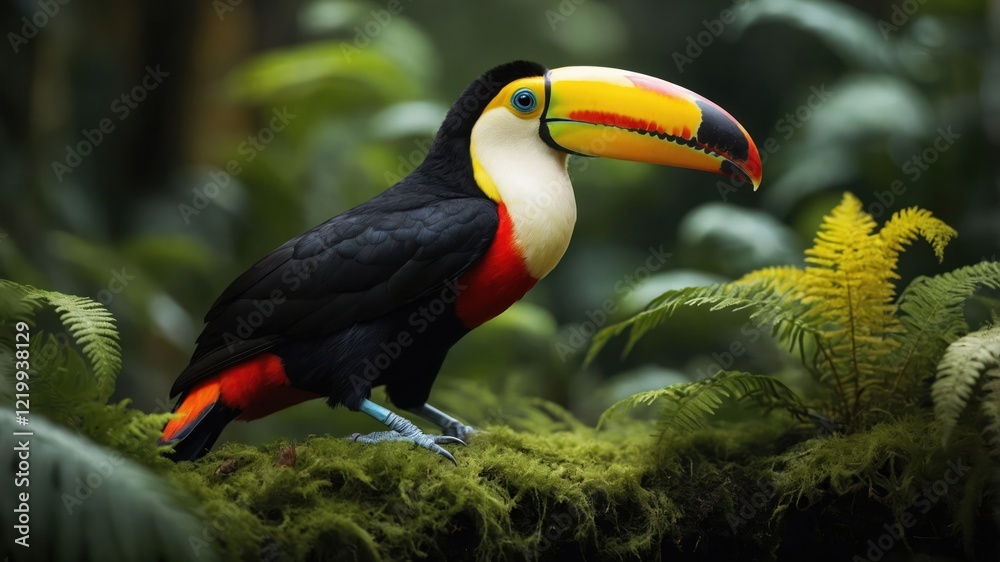 Naklejka premium Colorful toucan perched on lush green moss amidst tropical foliage in a vibrant rainforest setting