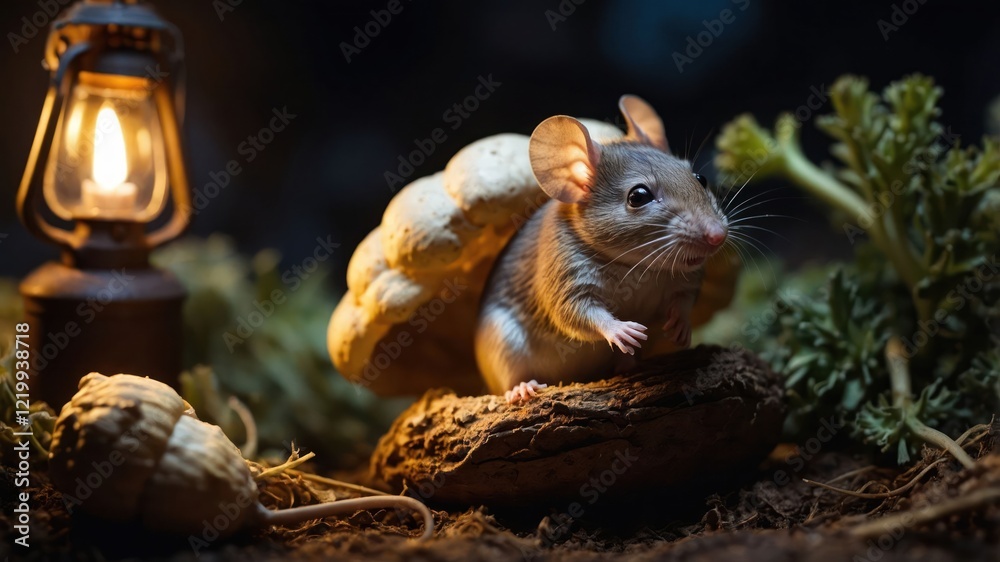 A small mouse emerging from a mushroom shell, illuminated by a lantern in a dark, leafy setting A small mouse emerging from a mushroom shell, illuminated by a lantern in a dark, leafy setting