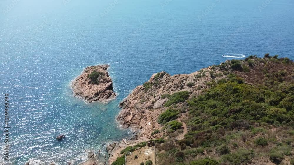 View from a flying drone. Wonderful morning view of Port de Girolata, Corsica island, France View from a flying drone. Wonderful morning view of Port de Girolata, Corsica island, France