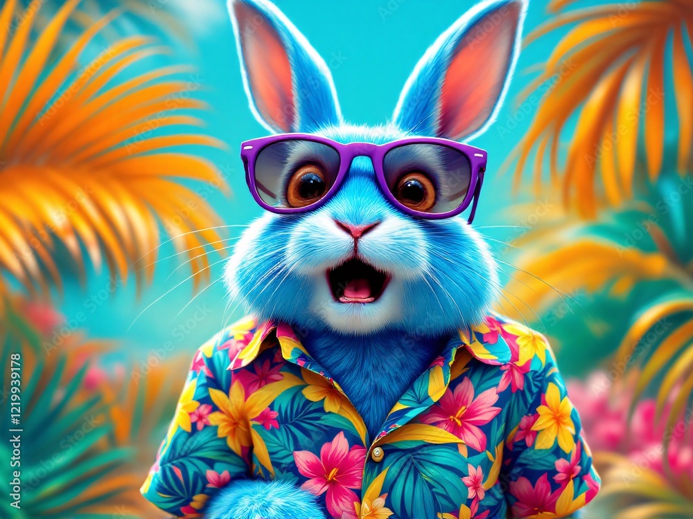 Fototapeta Blue bunny in sunglasses, Hawaiian shirt, with tropical palms background.