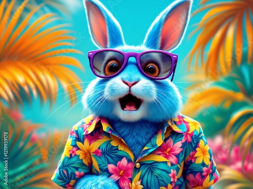 Blue bunny in sunglasses, Hawaiian shirt, with tropical palms background.