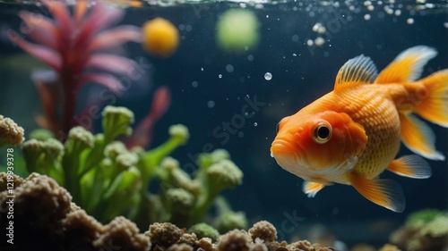 Vibrant goldfish swimming gracefully among colorful aquatic plants in a serene aquarium setting photo