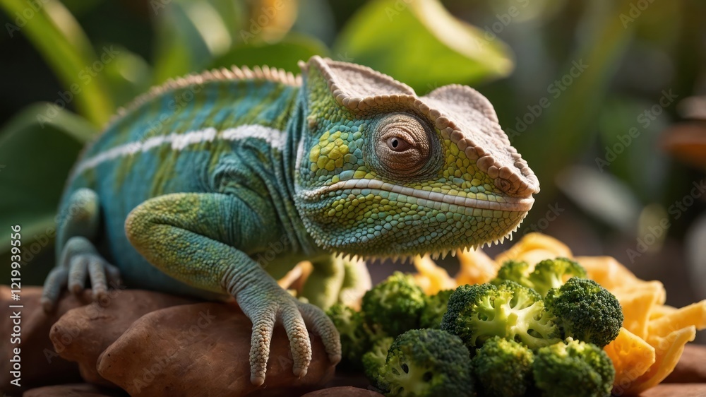 Obraz premium Colorful chameleon perched on rocks surrounded by fresh vegetables in a lush garden setting