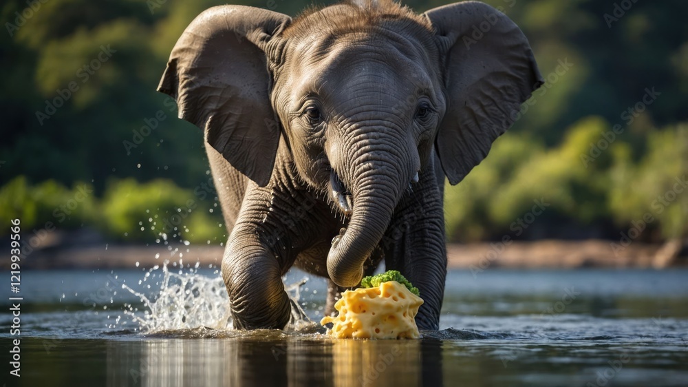 Fototapeta premium Young elephant playfully splashing in water while holding a piece of food amidst lush greenery