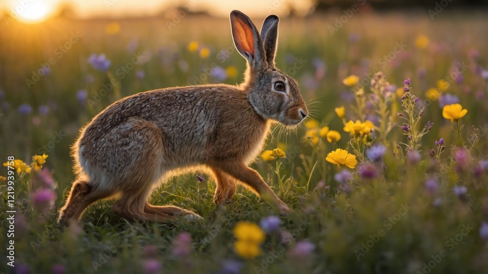 Fototapeta premium A graceful rabbit navigating through a vibrant wildflower meadow at sunset