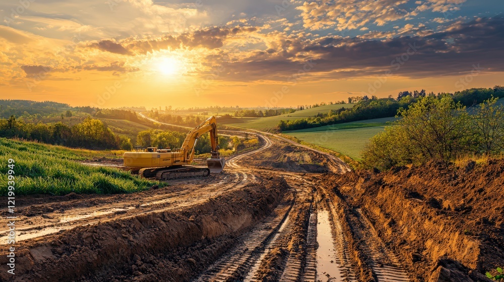 Naklejka premium A large yellow construction vehicle is driving down a dirt road