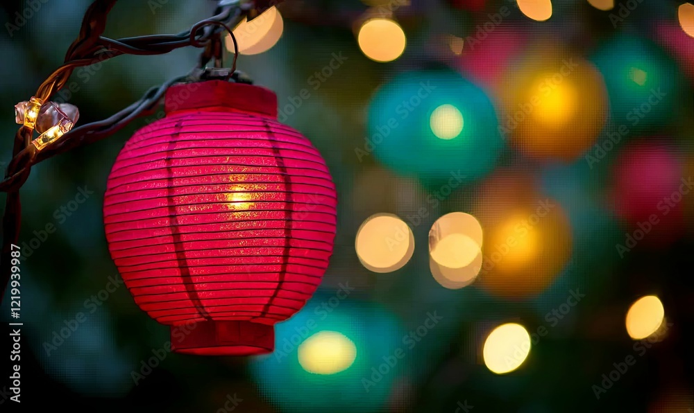 Glowing red paper lantern with colorful bokeh background at night, festive celebration decor Glowing red paper lantern with colorful bokeh background at night, festive celebration decor