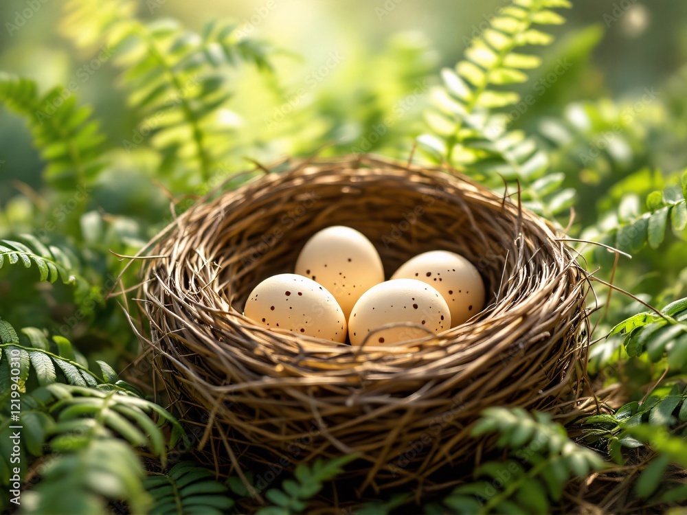 Nest with eggs in a lush, green forest setting. Nest with eggs in a lush, green forest setting.
