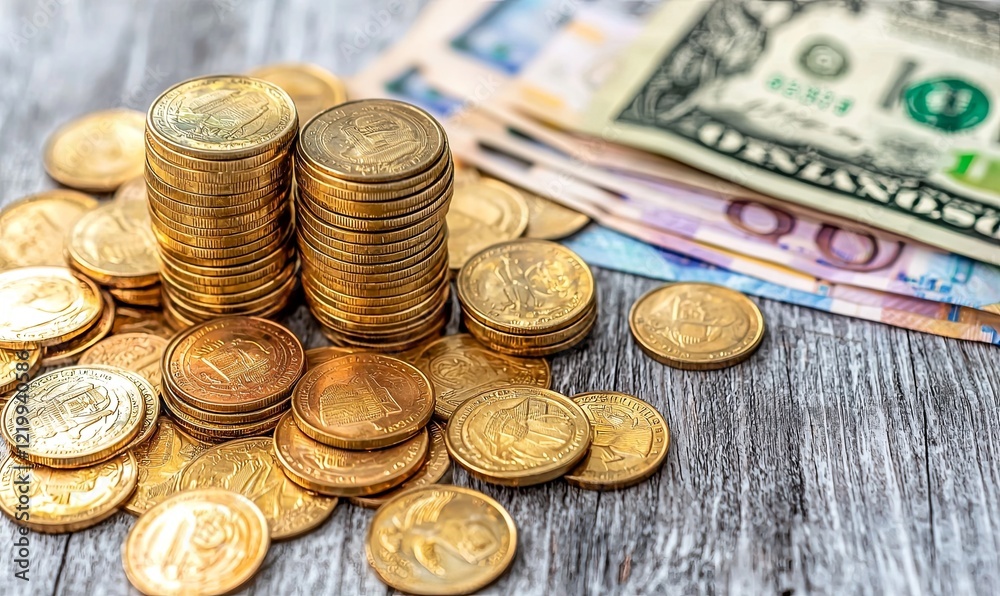 Gold coins stacked on wooden table with USD and Euro banknotes in background, ideal for finance concepts Gold coins stacked on wooden table with USD and Euro banknotes in background, ideal for finance concepts
